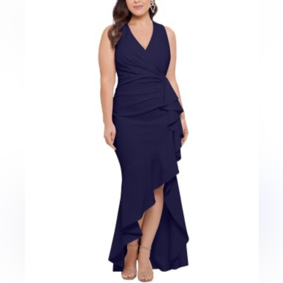Betsey Johnson Dresses & Skirts - Betsy Adam USA Sleeveless V Neck Ruched Ruffled Gown Asymmetric Dress Size 14
